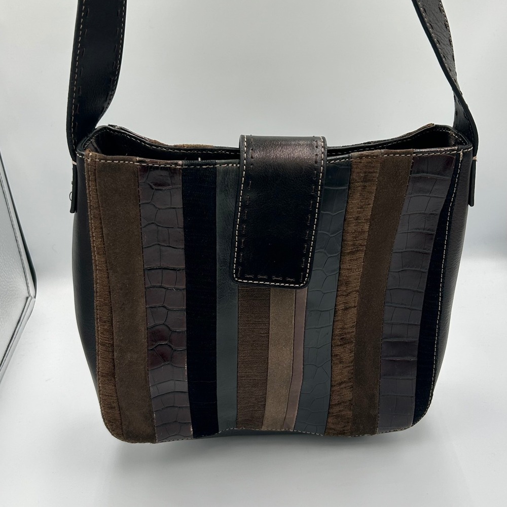 Fossil Shoulder Bag Womens Medium Black Patchwork Leather Suede Croc 75082